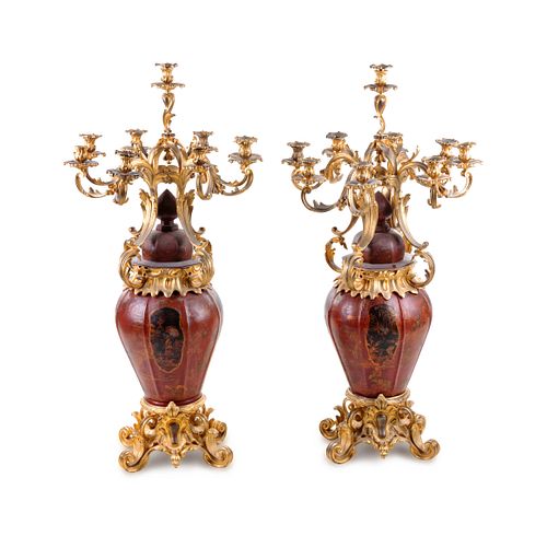 A Pair of Louis XV Style Gilt Bronze Mounted Tole Nine-Light Candelabra