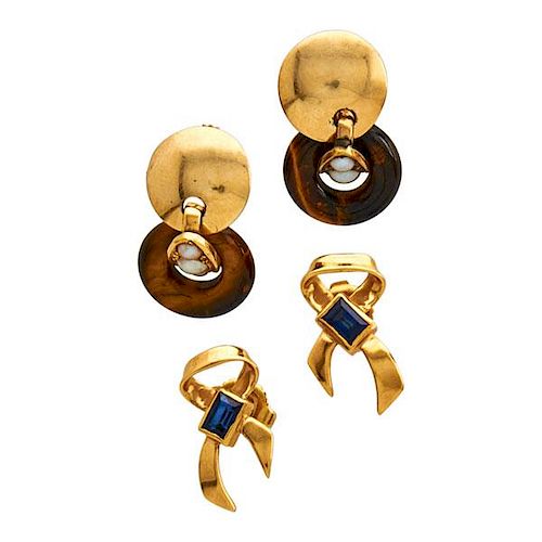 TWO PAIRS YELLOW GOLD, GEM-SET EARRINGS