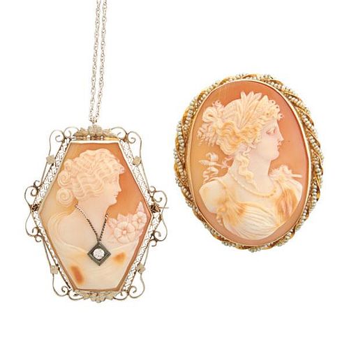 TWO GOLD AND DIAMOND OR PEARL MOUNTED SHELL CAMEOS