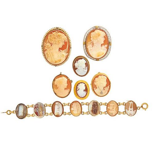 GOLD OR SILVER-MOUNTED SHELL CAMEO BROOCHES, BRACELET