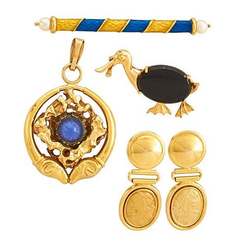 FIVE PIECES ASSORTED GOLD JEWELRY