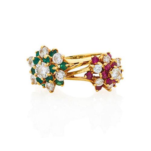 TWO DIAMOND AND RUBY OR EMERALD 18K YELLOW GOLD CLUSTER RINGS