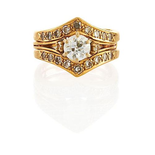 DIAMOND 14K YELLOW GOLD ENGAGEMENT RING AND GUARD
