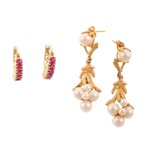 Two Pairs of Earrings with Pearls & Rubies in 14K