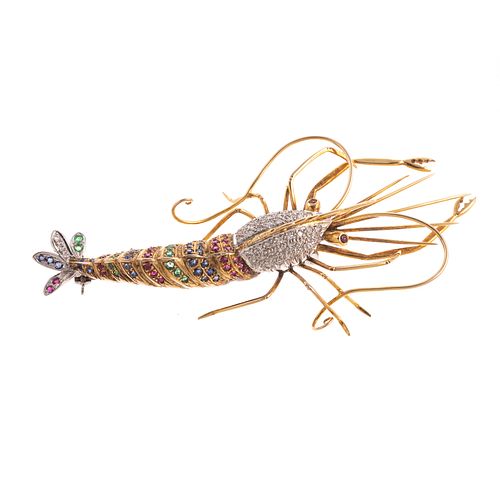 A Shrimp Brooch Encrusted with Gemstones in 14K