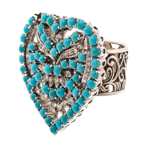 A Large Diamond & Turquoise Encrusted Heart Ring