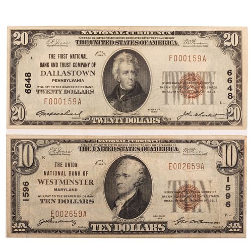Nice Pair of 1929 Type 1 Nationals $10 & $20