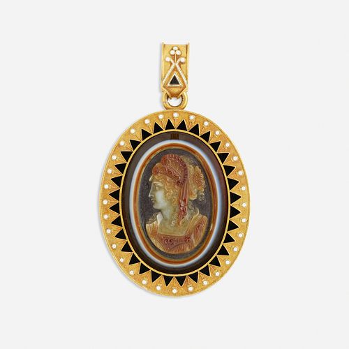 Revivalist cameo and enamel pendant