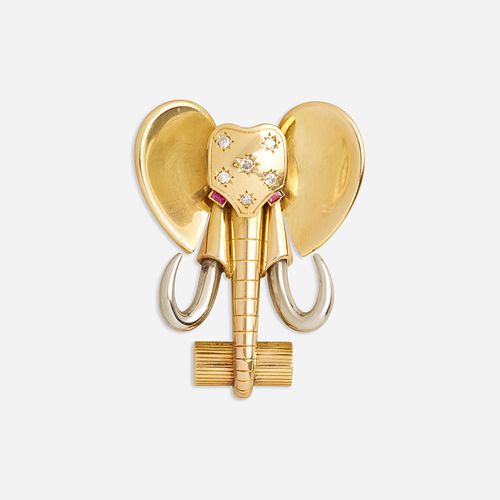 Gold, diamond, and ruby elephant brooch