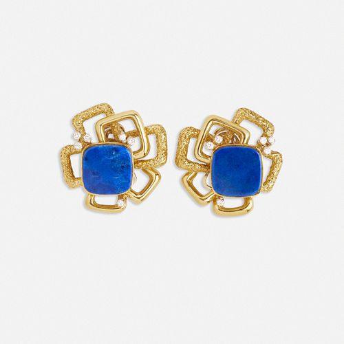 Lapis lazuli, diamond, and gold modernist earrings