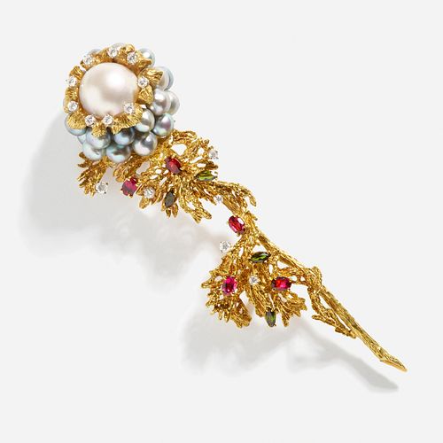 La Triomphe, Diamond, cultured pearl, and gem-set flower brooch