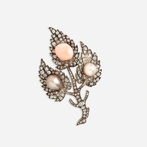 Antique natural pearl, conch pearl, and diamond foliate brooch
