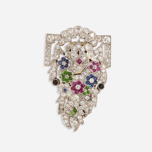 American Art Deco diamond and gem-set brooch clock