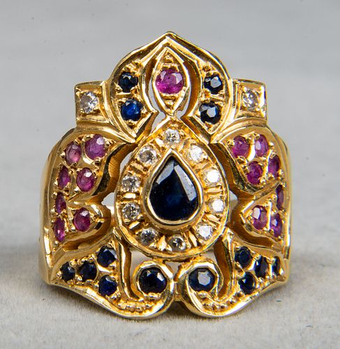 18K Yellow Gold Diamond & Sapphire & Ruby Ring