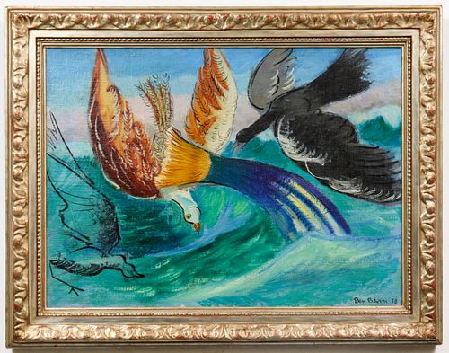 Ben Benn "Birds & Fish" Oil on Canvas, 1930