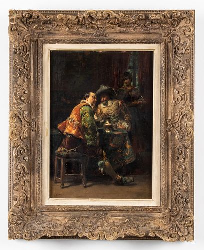 Cesare Auguste Detti "A Conversation" Oil on Panel