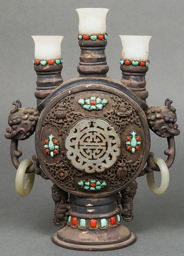Antique Chinese-Tibetan Silver & Jade Garniture