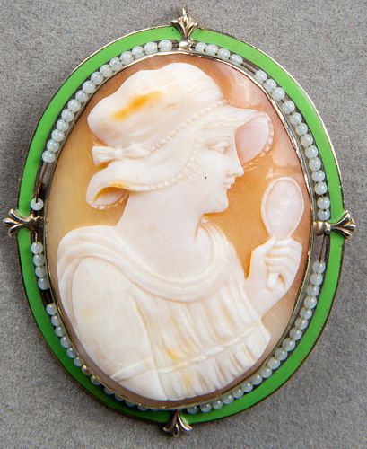 14K White Gold, Enamel, Cameo & Seed Pearl Brooch