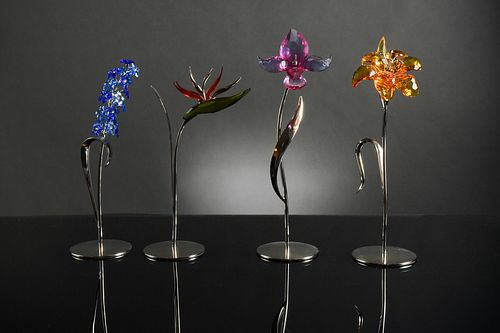 Swarovski, 4 Boxed Colored Long Stem Flowers