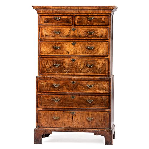 A Scottish Chippendale Burled Walnut Chest on Chest