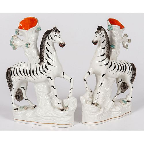 A Pair of Staffordshire Zebra Spill Vases
