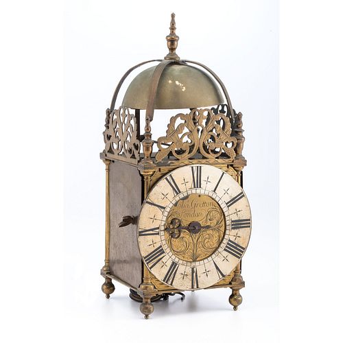 An English Brass Lantern Clock, Dial Signed Charles Gretton