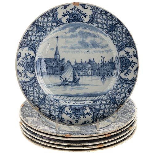 Six Dutch Blue/White Delftware Scenic Plates