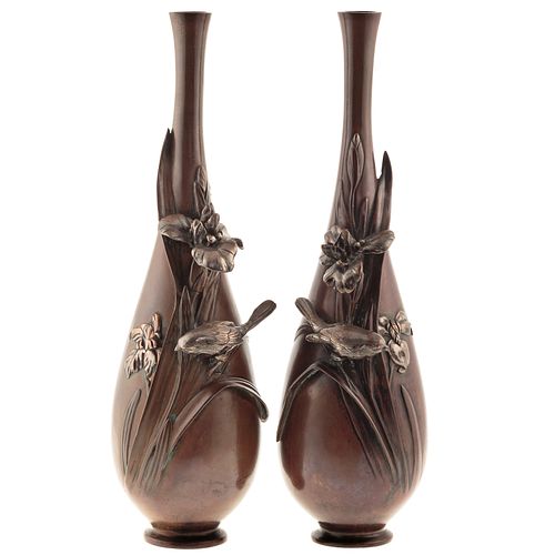 Pair Japanese Bronze Thin Neck Vases