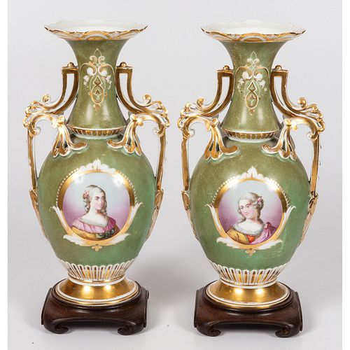 A Pair of Continental Porcelain Portrait Vases