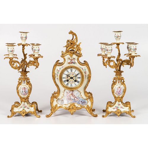 A Louis XV-style Gilt Bronze and Porcelain Garniture