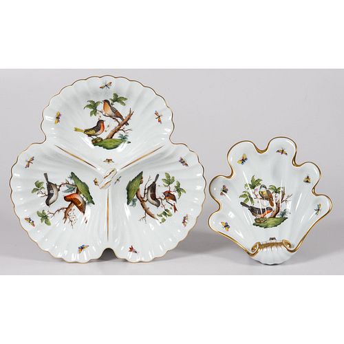 A Herend Rothschild Three-Part Relish Dish and Shell-form Dish