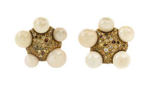 A Pair of 18 Karat Yellow Gold, Quahog Pearl, Diamond and Colored Diamond Earclips, N. Varney, 23.10 dwts.