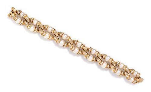 An 18 Karat Yellow Gold, Cultured Pearl and Diamond Bracelet, 62.30 dwts.