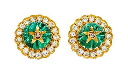 A Pair of 14 Karat Yellow Gold, Diamond and Carved Emerald Bead Earclips, 6.00 dwts.