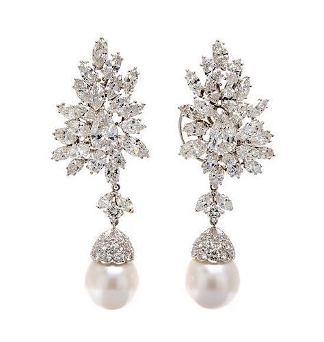 A Pair of Platinum and Diamond Spray Earclips, Van Cleef & Arpels, with Detachable Cultured Pearl and Diamond Drops, 23.40 dwts.