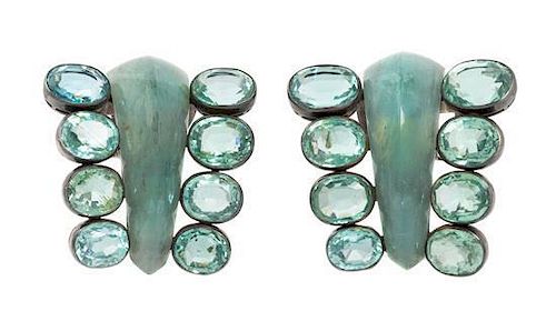 * A Pair of Silver, Green Beryl and Grey Chalcedony Dress Clips, Suzanne Belperron, 67.30 dwts.