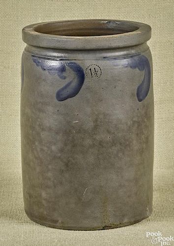 Pennsylvania one-and-a-half-gallon stoneware crock, 19th c., with cobalt decoration, 10 1/2'' h.