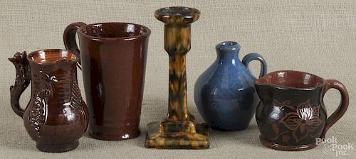 Five pieces of contemporary redware, to include a Foltz mug and a blue glazed jug