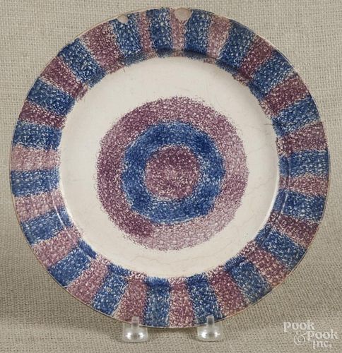 Blue and purple rainbow spatter plate, 19th c., 9 1/2'' dia.