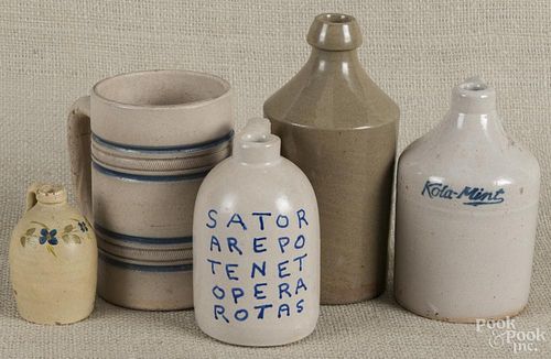 Five earthenware pieces, 19th/20th c., to include a jug featuring the Sator square palindrome