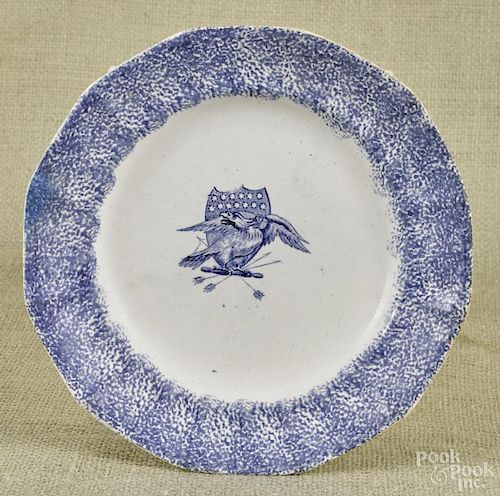Blue spatter plate, 19th c., with transfer eagle decoration, 8'' dia.