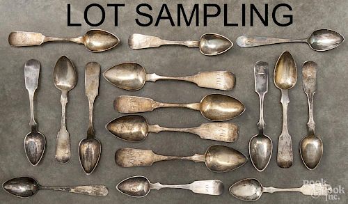 Coin silver spoons, 19th c., of various makers, to include Ladomus, C. Parker, McKeen, J. Naile