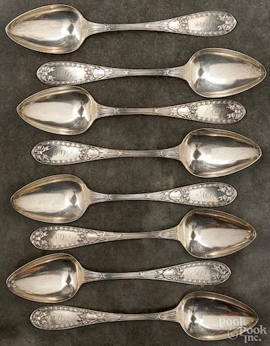 Set of eight Albany, New York silver serving spoons, ca. 1840, bearing the touch of S. D. Brower