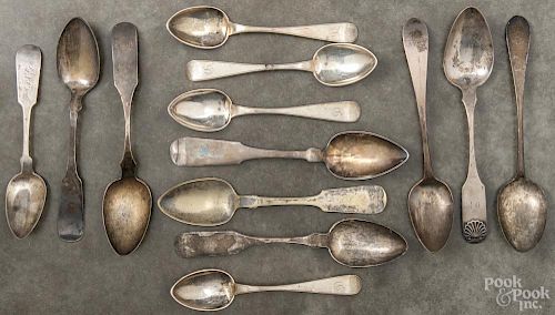 Coin silver serving spoons, 19th c., to include examples by Simmons, Curtis, Reed, Dupree