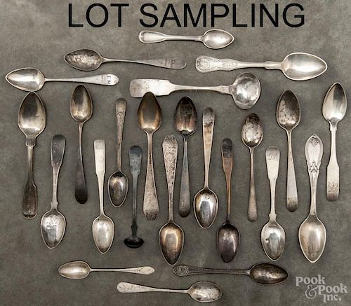 American coin silver spoons, 18th/19th c., to include examples by Brandt, Shoemaker, Garrett, Owen
