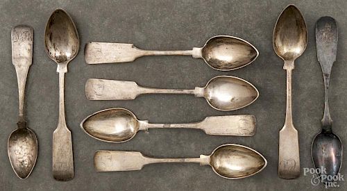 Eight Reading, Pennsylvania coin silver spoons, 19th c., bearing the touch of William Mannerback