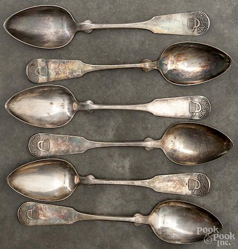 Six New York coin silver serving spoons, 19th c., bearing the touch of Redfield & Rice