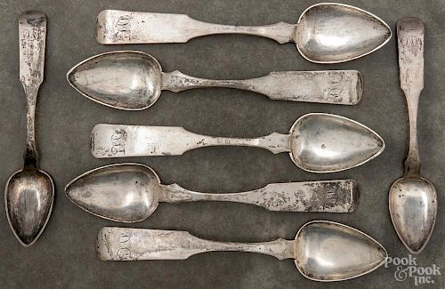 Seven Baltimore coin silver spoons, ca. 1830, bearing the touch of Robert Brown, 13.1 ozt.