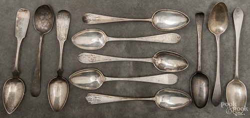 American coin silver serving spoons, 18th/19th c., to include examples by Krause, WH, WL, etc.