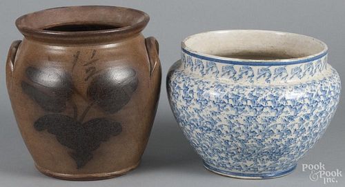 Blue sponge bowl, 19th c., 7 3/4'' h., 10 1/2'' dia., together with a reproduction stoneware crock